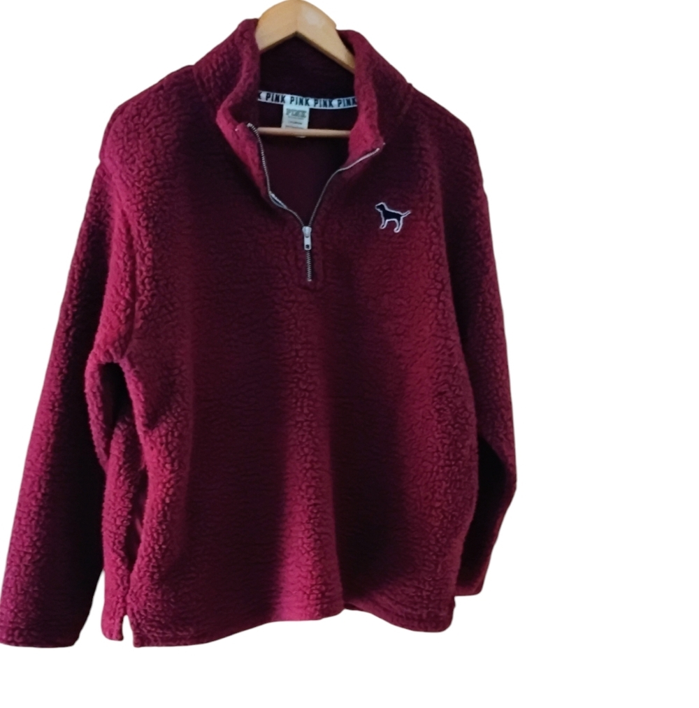 PINK BY VS Burgundy/Wine Sherpa Pull Over With Pockets Size L